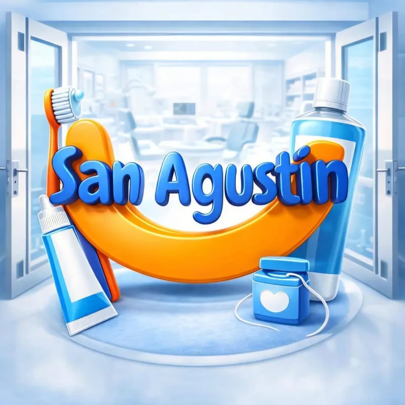 Isotipo 3D de San Agustín con cepillo, pasta, enjuague e hilo dental