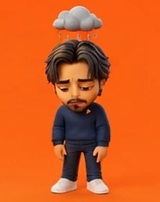 Naim en 3D, triste con una nube de lluvia encima