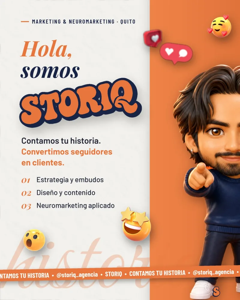 Post «Hola, somos Storiq» con Naim en 3D señalando